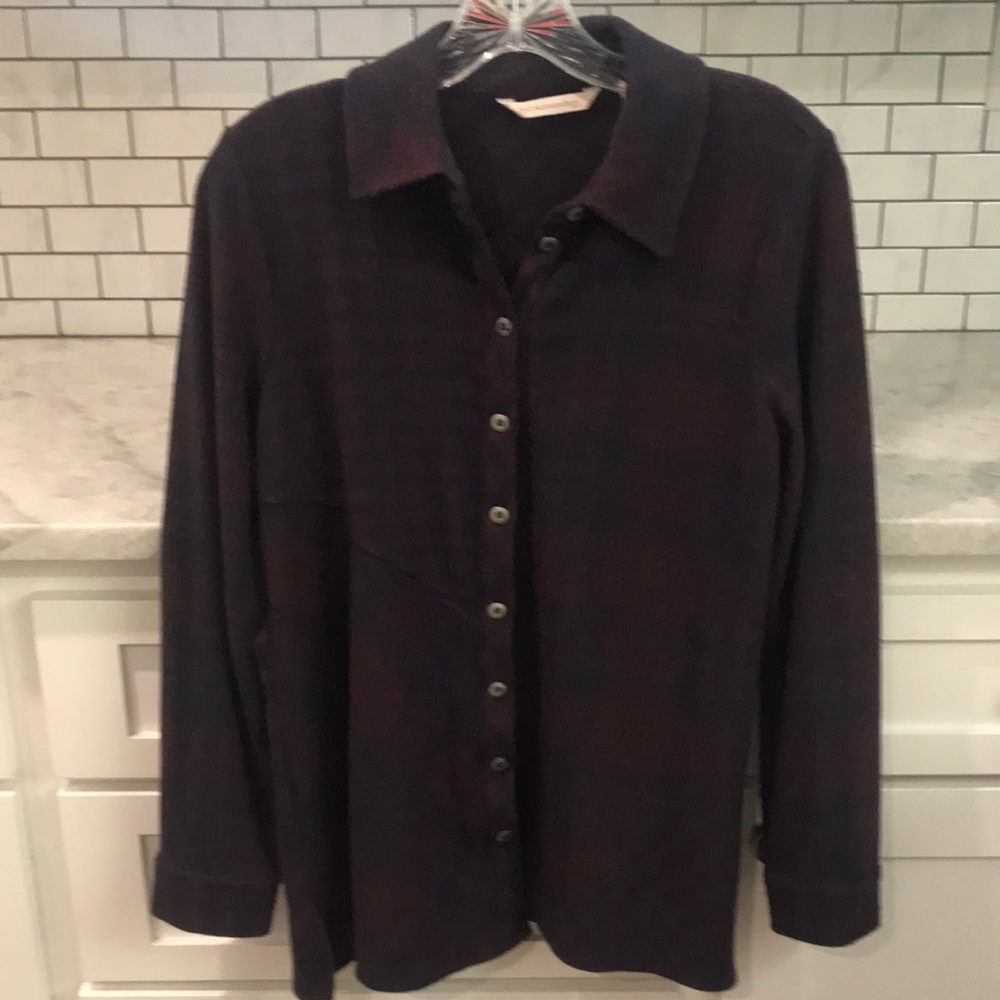 Soft Surroundings Flannel Shirt Womens Size Petite XS Burgundy Blue Plaid Tunic